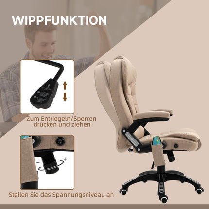 Biroja krēsls ar vibrācijas masāžu, ergonomisks rakstāmgalda krēsls ar apsildi, atgāšanās funkciju, augstumā regulējams vadītāja krēsls ar tālvadības pulti, sānu kabata, lina imitācija, brūns