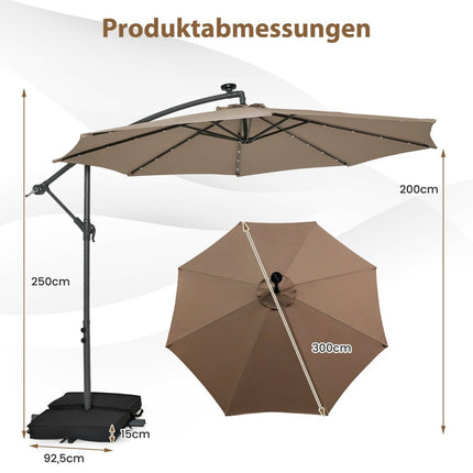 Nobīdīts terases saulessargs, 3 m, saules enerģijas LED, UV aizsardzība, brūns