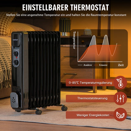 Eļļas radiatora sildītājs 2500 W, 3 siltuma iestatījumi, melns
