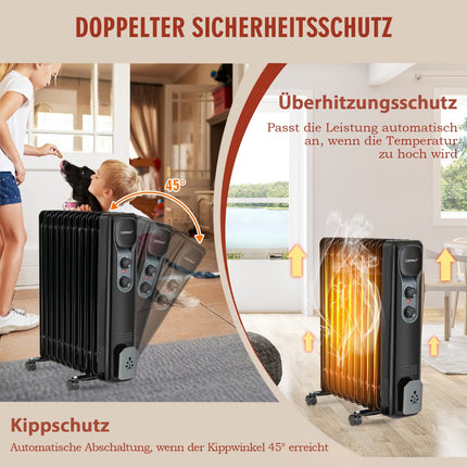 Eļļas radiatora sildītājs 2500 W, 3 siltuma iestatījumi, melns