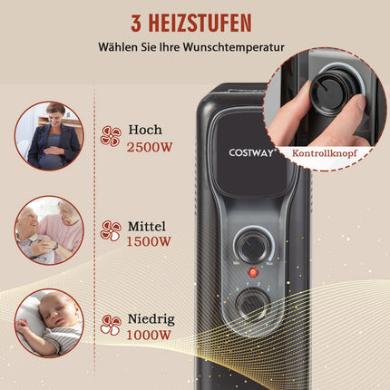 Eļļas radiatora sildītājs 2500 W, 3 siltuma iestatījumi, melns