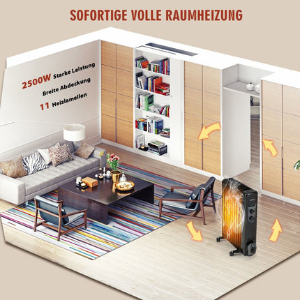 Eļļas radiatora sildītājs 2500 W, 3 siltuma iestatījumi, melns
