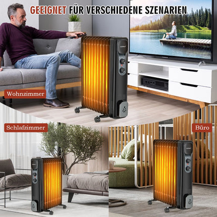 Eļļas radiatora sildītājs 2500 W, 3 siltuma iestatījumi, melns