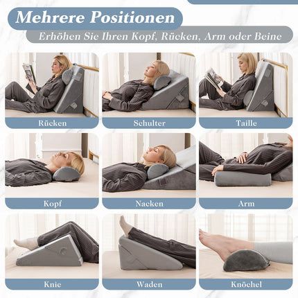 Ortopēdisko ķīļveida spilvenu komplekts, atmiņas putas, regulējams, pelēks