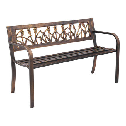 Outdoor Bench 50 In, Carbon Steel, Floral Back, Bronze