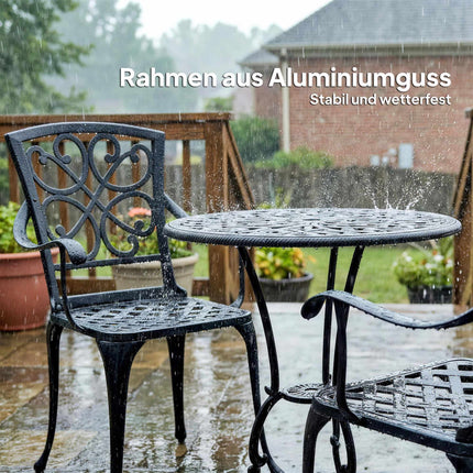 Āra bistro mēbeļu komplekts, lietais alumīnijs, galds un 2 krēsli, melns