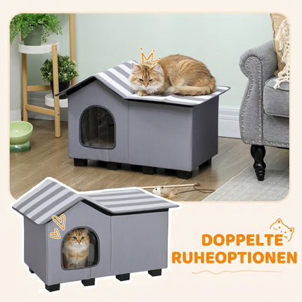 Outdoor Cat House with Removable Gable Roof and Platform, 70 x 43 x 45 cm, Grey