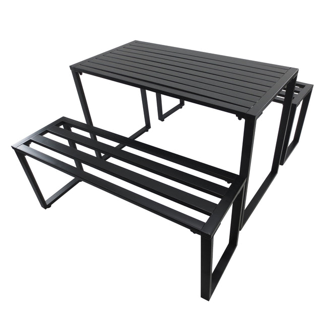 Dārza mēbeļu komplekts, svētku komplekts, 3 daļas, dārza mēbeļu grupa, 1 x galds, 2 x sols, metāls, melns, 110 x 55 x 70 cm