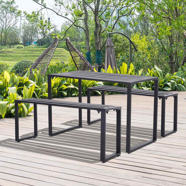 Dārza mēbeļu komplekts, svētku komplekts, 3 daļas, dārza mēbeļu grupa, 1 x galds, 2 x sols, metāls, melns, 110 x 55 x 70 cm