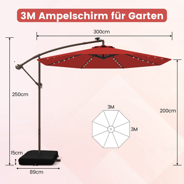 Āra terases saulessargs ar saules enerģijas LED gaismām, 3 m, sarkans