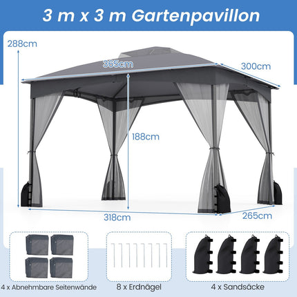 Āra paviljons 3,6 x 3 m, moskītu tīkls, ūdensnecaurlaidīgs, pelēks