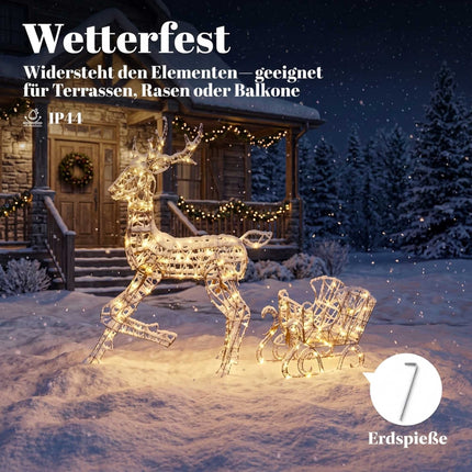 Outdoor Reindeer and Sleigh Christmas Lights, 2 Pieces, 175 LEDs, 8 Modes, Timer