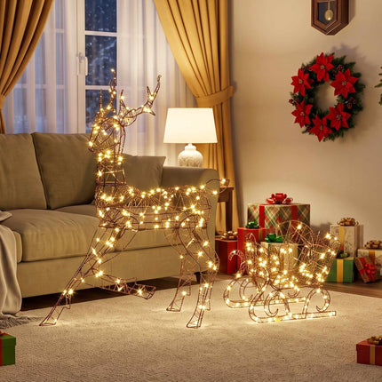 Outdoor Reindeer and Sleigh Christmas Lights, 2 Pieces, 175 LEDs, 8 Modes, Timer