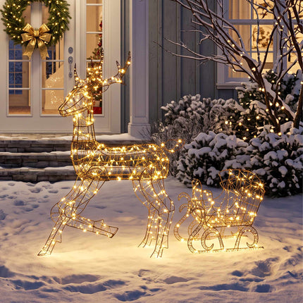 Outdoor Reindeer and Sleigh Christmas Lights, 2 Pieces, 175 LEDs, 8 Modes, Timer