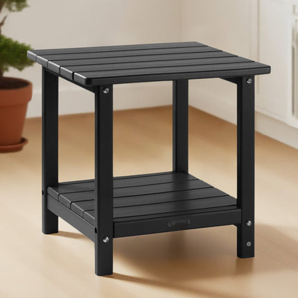 Outdoor Side Table, 2-Tier HDPE, Black, 17.7 In