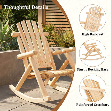 Outdoor Solid Wood Rocking Chair with High Backrest, Slatted Base, Natural