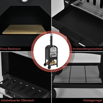 Āra malkas krāsns picai ar riteņiem un termometru