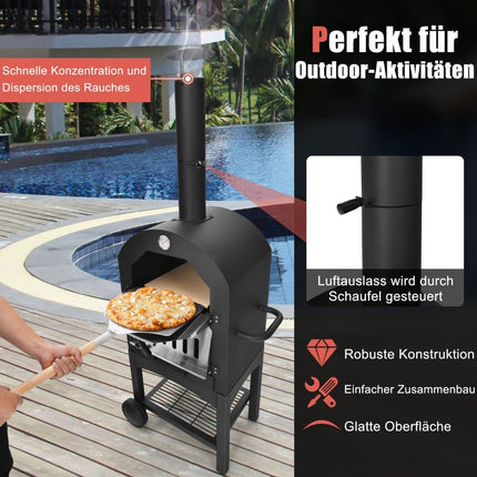 Āra malkas krāsns picai ar riteņiem un termometru
