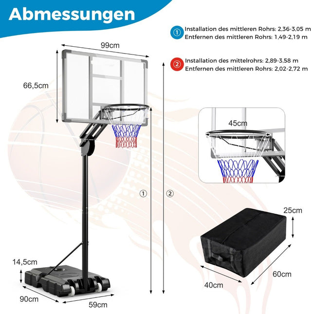 Āra basketbola grozs 135/143-305 cm, regulējams augstumā, basketbola statīvs ar 2 riteņiem