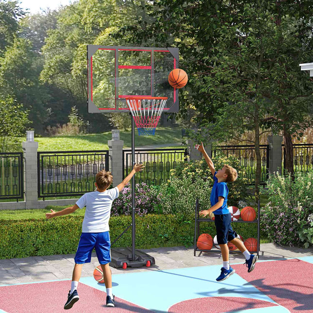 Āra basketbola grozs bērniem, 210-260 cm augstumā regulējams basketbola statīvs ar riteņiem, basketbola sistēma ar statīvu bērniem no 6 gadu vecuma, sarkana