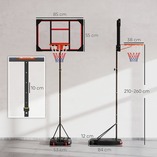 Āra basketbola grozs bērniem, 210-260 cm augstumā regulējams basketbola statīvs ar riteņiem, basketbola sistēma ar statīvu bērniem no 6 gadu vecuma, sarkana