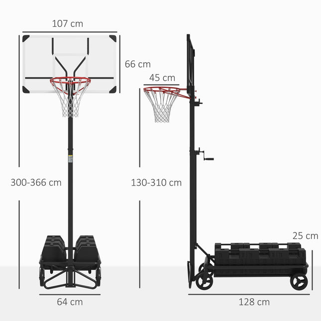 Āra basketbola grozs ar statīvu, regulējams augstums 130-310 cm, basketbola statīvs, basketbola sistēmas pamatne ar riteņiem