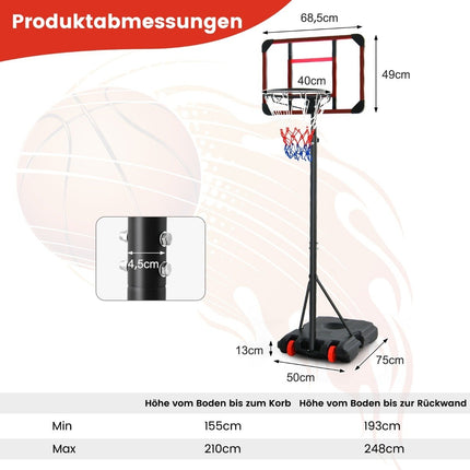 Āra basketbola grozs ar statīvu, 155-210 cm, regulējams augstumā, melns