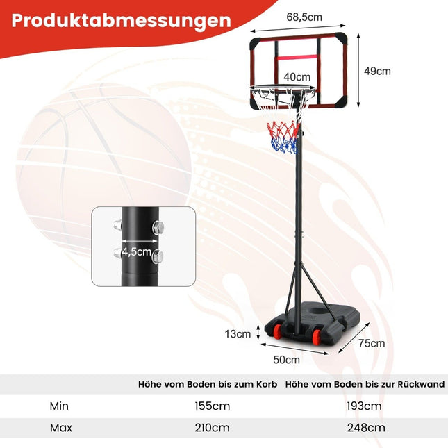 Āra basketbola grozs ar statīvu, 155-210 cm, regulējams augstumā, melns