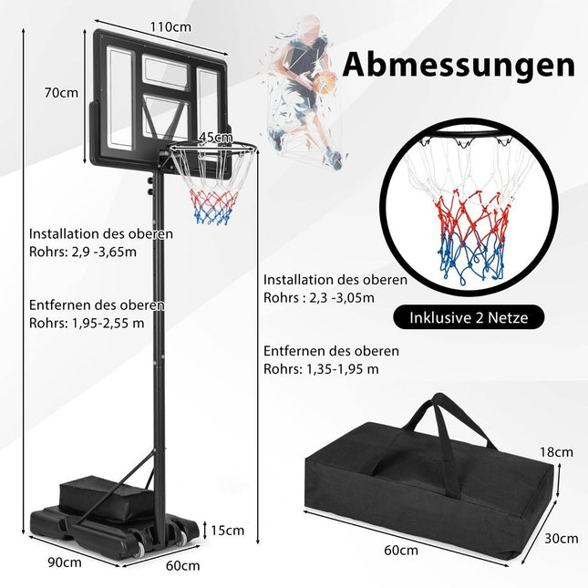 Āra basketbola grozs ar statīvu un tīkliem, 135-305 cm, regulējams augstuma basketbola statīvs
