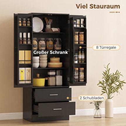 Pantry Cabinet 159 cm with 8 Door Shelves and 2 Drawers, Black, Shaker Doors