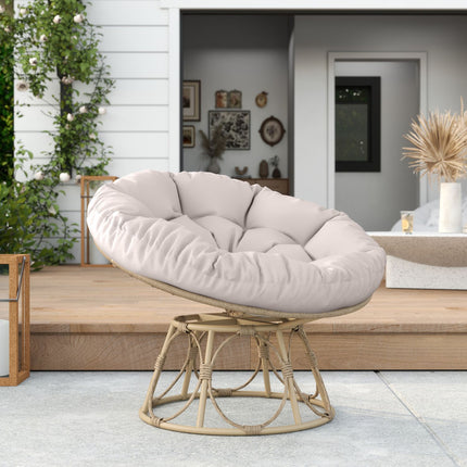 Papasan krēsls, rotangpalma, 360° rotējošs pīts krēsls ar sēdekļa spilvenu, diametrs 120 cm, apaļš, āra rotangpalmas krēsls, grozāms krēsls, atpūtas krēsls, atzveltnes krēsls viesistabai, dārza balkons, gaiši pelēks