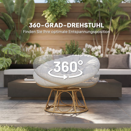 Papasan krēsls, rotangpalma, 360° rotējošs pīts krēsls ar sēdekļa spilvenu, diametrs 120 cm, apaļš, āra rotangpalmas krēsls, grozāms krēsls, atpūtas krēsls, atzveltnes krēsls viesistabai, dārza balkons, gaiši pelēks