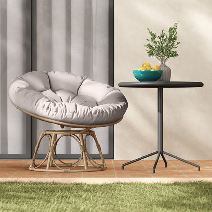 Papasan krēsls, rotangpalma, 360° rotējošs pīts krēsls ar sēdekļa spilvenu, diametrs 120 cm, apaļš, āra rotangpalmas krēsls, grozāms krēsls, atpūtas krēsls, atzveltnes krēsls viesistabai, dārza balkons, gaiši pelēks