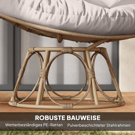 Papasan krēsls, rotangpalma, 360° rotējošs pīts krēsls ar sēdekļa spilvenu, diametrs 120 cm, apaļš, āra rotangpalmas krēsls, grozāms krēsls, atpūtas krēsls, atzveltnes krēsls viesistabai, dārza balkons, gaiši pelēks