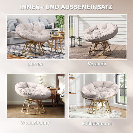Papasan krēsls, rotangpalma, 360° rotējošs pīts krēsls ar sēdekļa spilvenu, diametrs 120 cm, apaļš, āra rotangpalmas krēsls, grozāms krēsls, atpūtas krēsls, atzveltnes krēsls viesistabai, dārza balkons, gaiši pelēks