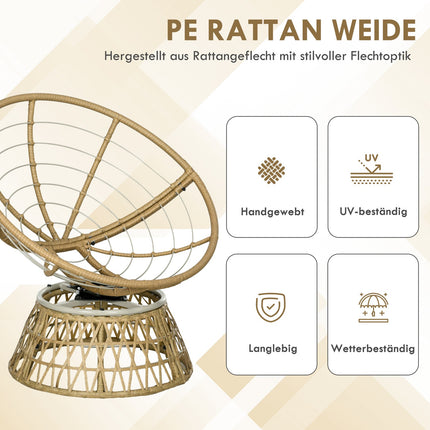 Papasan krēsla pīts krēsls rotanga grozāmais krēsls ar spilvenu, 360 grādu regulējams kāju balsts, 85x70x82 cm, haki krāsā, dārzam un viesistabai