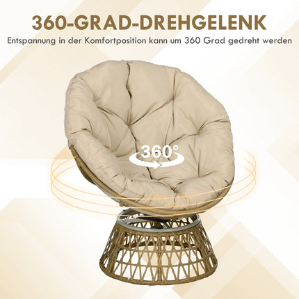 Papasan krēsla pīts krēsls rotanga grozāmais krēsls ar spilvenu, 360 grādu regulējams kāju balsts, 85x70x82 cm, haki krāsā, dārzam un viesistabai