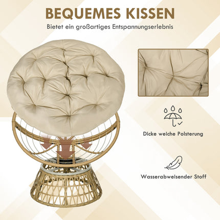 Papasan krēsla pīts krēsls rotanga grozāmais krēsls ar spilvenu, 360 grādu regulējams kāju balsts, 85x70x82 cm, haki krāsā, dārzam un viesistabai
