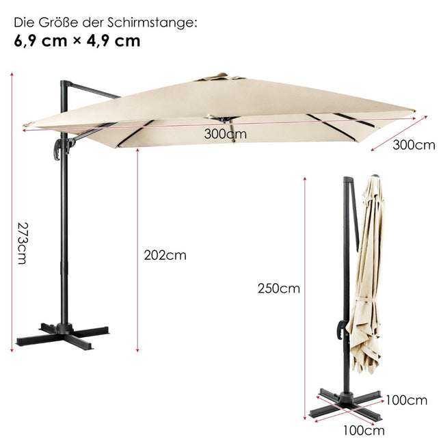 Parasol with 3 tilt settings for gardens, terraces, cafes, 300 x 300 x 273 cm, beige