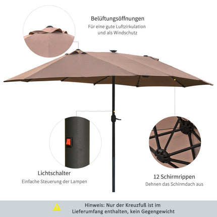 Saulessargs ar LED dubulto saulessargu 440 x 260 cm dārza saulessargs terases saulessargs liels ovāls ar rokas kloķi un metāla rāmi haki krāsā