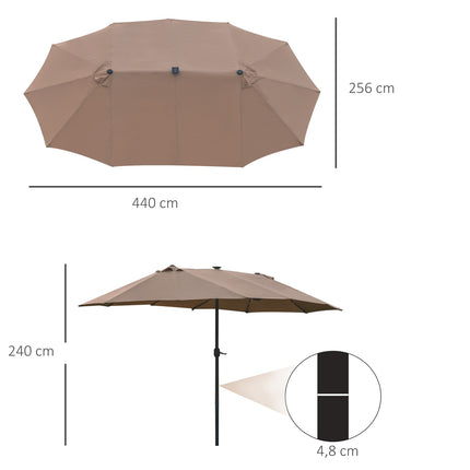 Saulessargs ar LED dubulto saulessargu 440 x 260 cm dārza saulessargs terases saulessargs liels ovāls ar rokas kloķi un metāla rāmi haki krāsā