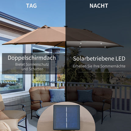 Saulessargs ar LED dubulto saulessargu 440 x 260 cm dārza saulessargs terases saulessargs liels ovāls ar rokas kloķi un metāla rāmi haki krāsā