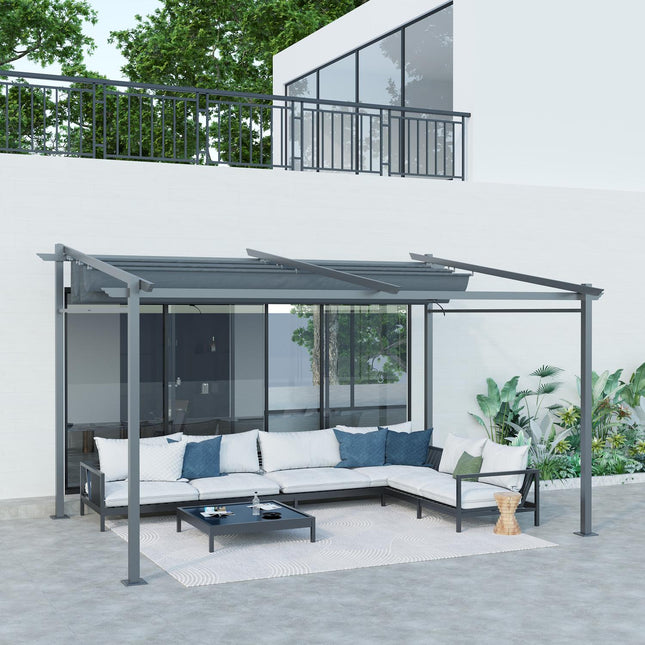 Terases jumta pergola aptuveni 4x3m terases jumta dārza paviljons alumīnijs, stiprināms pie sienas, dārza paviljons ar regulējamu jumtu, UV aizsardzība, saules aizsardzība terasei un dārzam, tumši pelēka