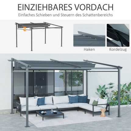 Terases jumta pergola aptuveni 4x3m terases jumta dārza paviljons alumīnijs, stiprināms pie sienas, dārza paviljons ar regulējamu jumtu, UV aizsardzība, saules aizsardzība terasei un dārzam, tumši pelēka