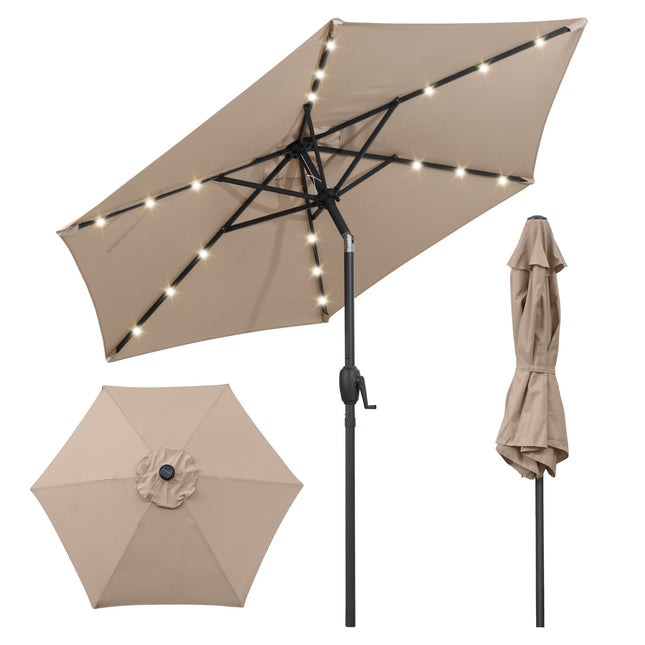 Terases saulessargs 230 cm, saules enerģijas LED, kloķa pagrieziens, gaiši brūns