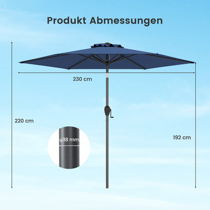 Terases saulessargs 230 cm ar kloķi un slīpumu, jūras zils