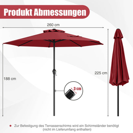 Terases saulessargs 250 cm ar kloķi, 8 ribas, bordo krāsā