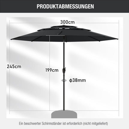 Terases saulessargs, 300 cm, ventilējams, slīpuma funkcija, melns