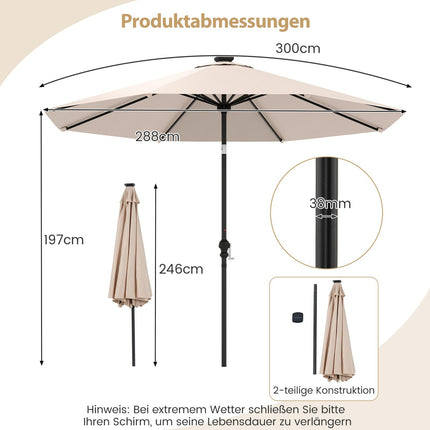 Terases saulessargs 300 cm ar saules enerģijas LED gaismām, 9 režīmi