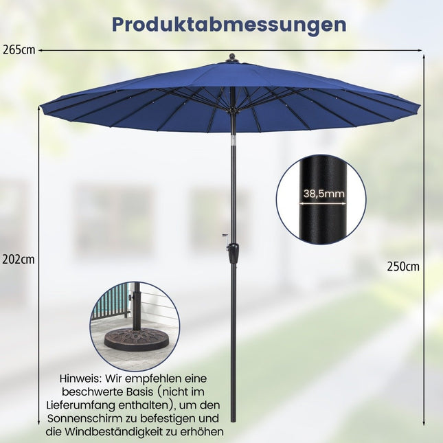 Terases saulessargs ar 18 stikla šķiedras ribām un noliekšanu, nospiežot pogu, un galda saulessargs ar kloķvārpstu, tumši zils